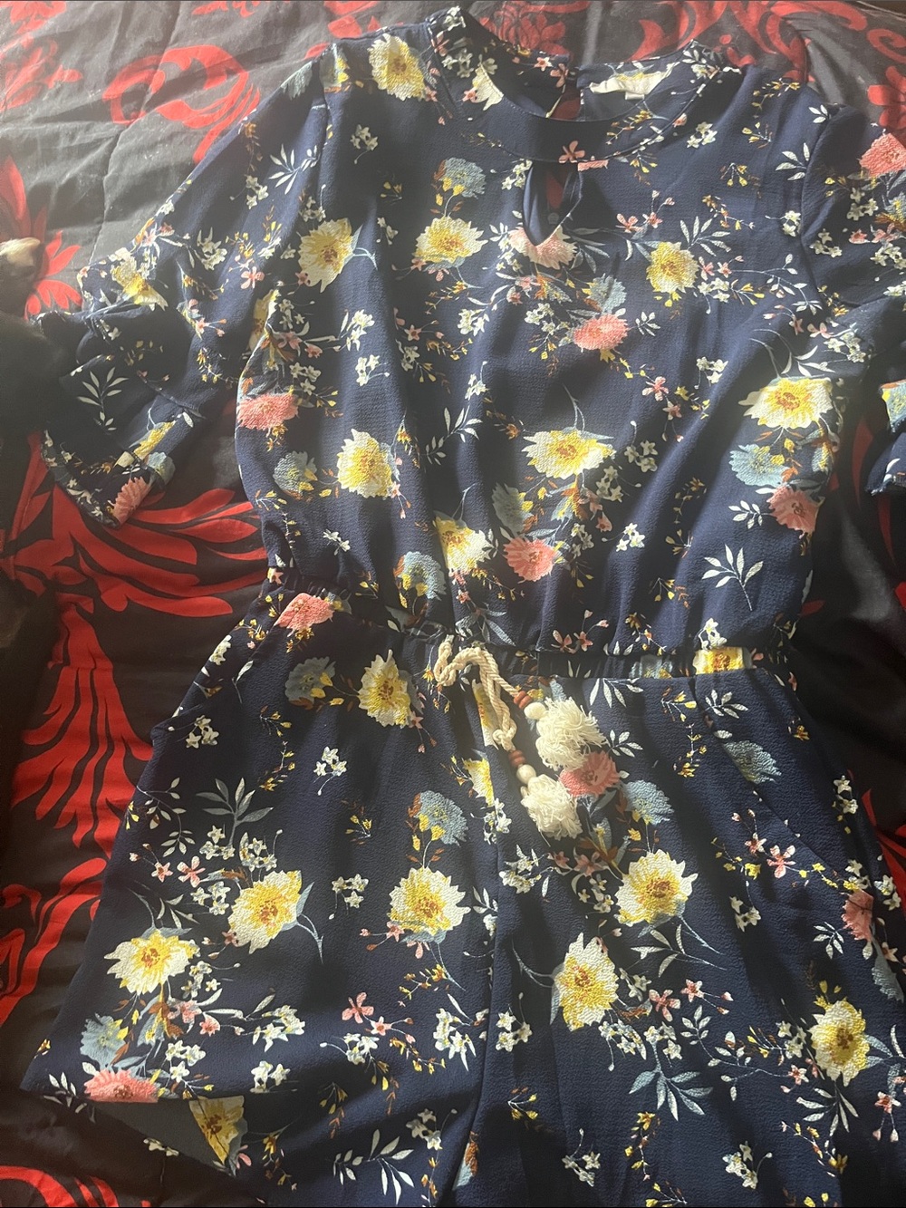 Girls Navy Floral One-Piece Romper with Drawstring